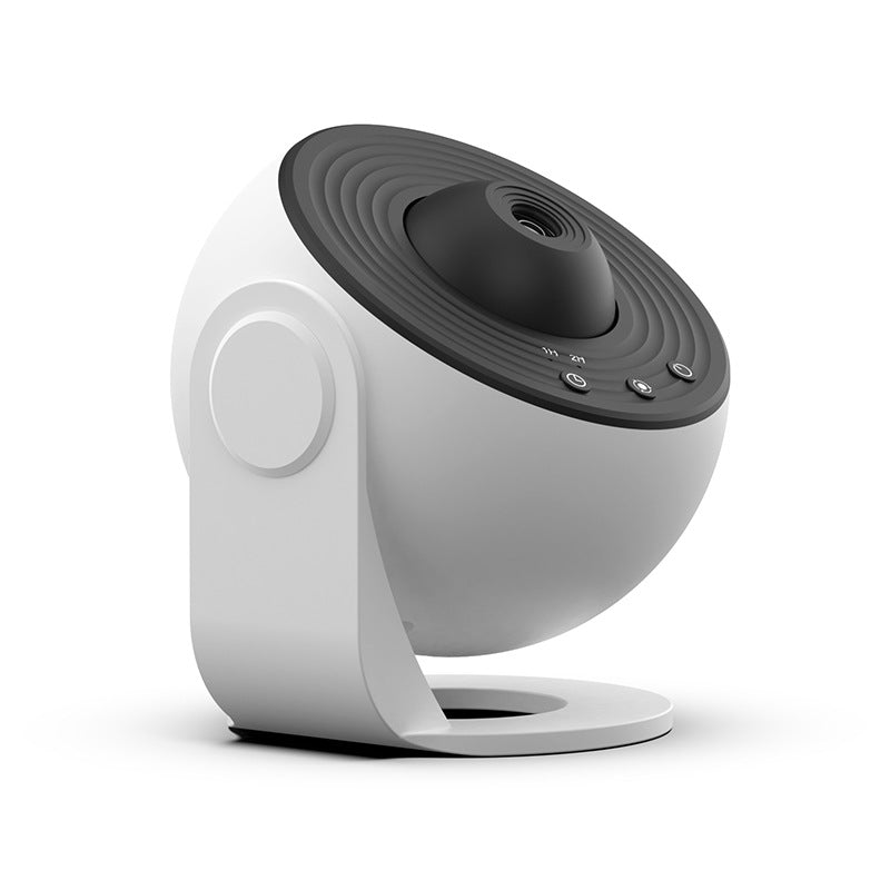 The galaxy projector in white on its pivoting base, plain background