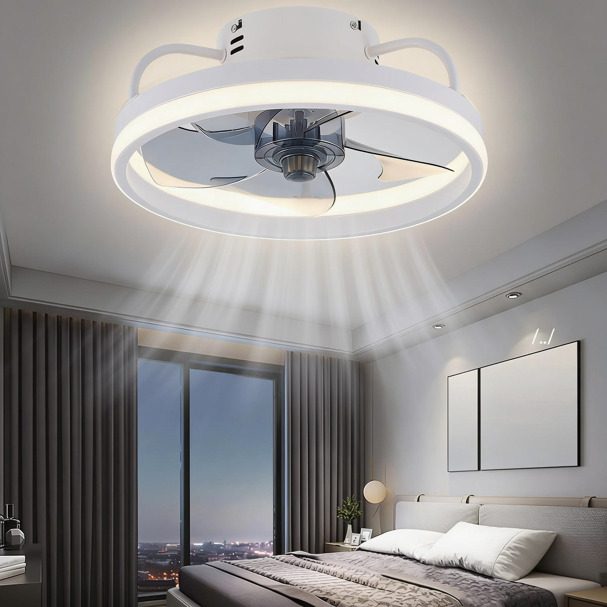 White flush mount ceiling fan light with recessed blades glowing in a bedroom