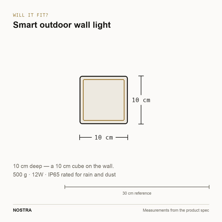 Outdoor wall light dimensions: 10 x 10 x 10cm, 500g