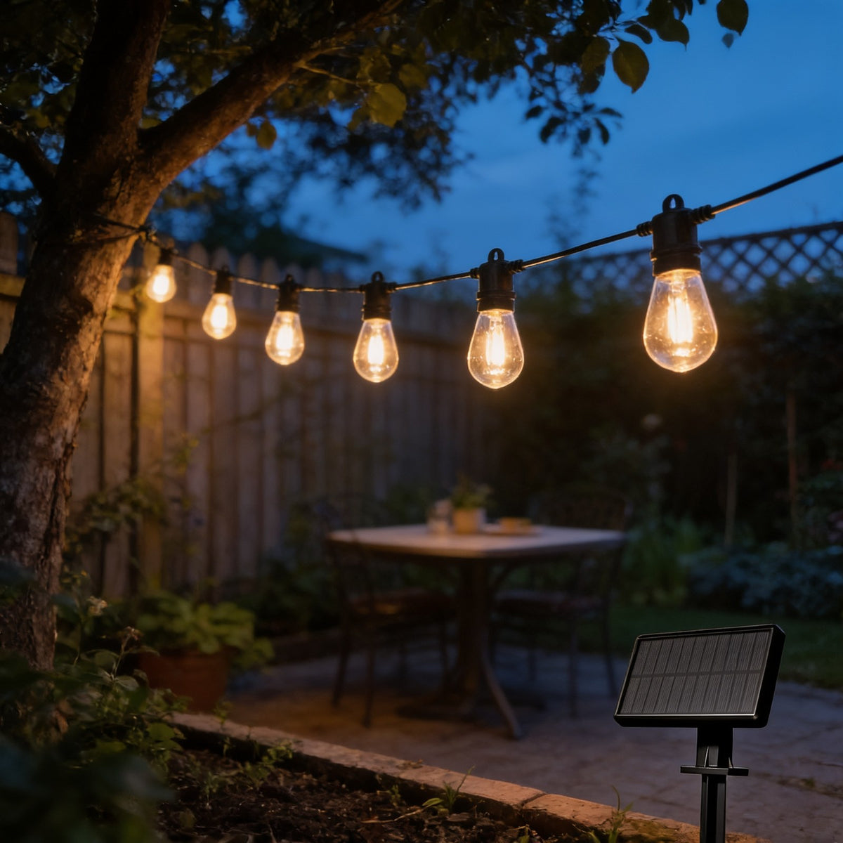 S14 solar string lights over a garden table with the solar panel stake in the border