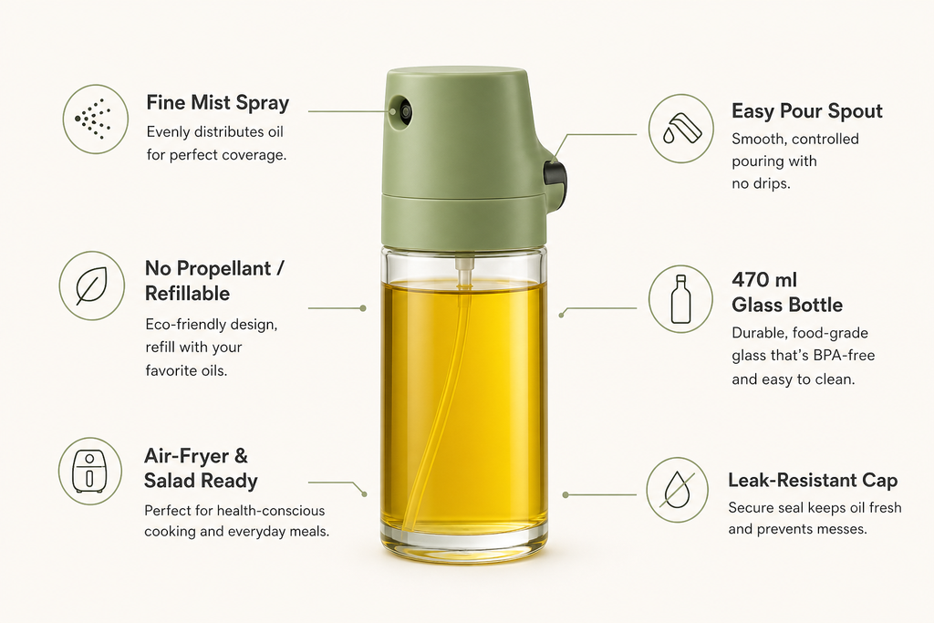 2-in-1 glass olive oil sprayer features infographic