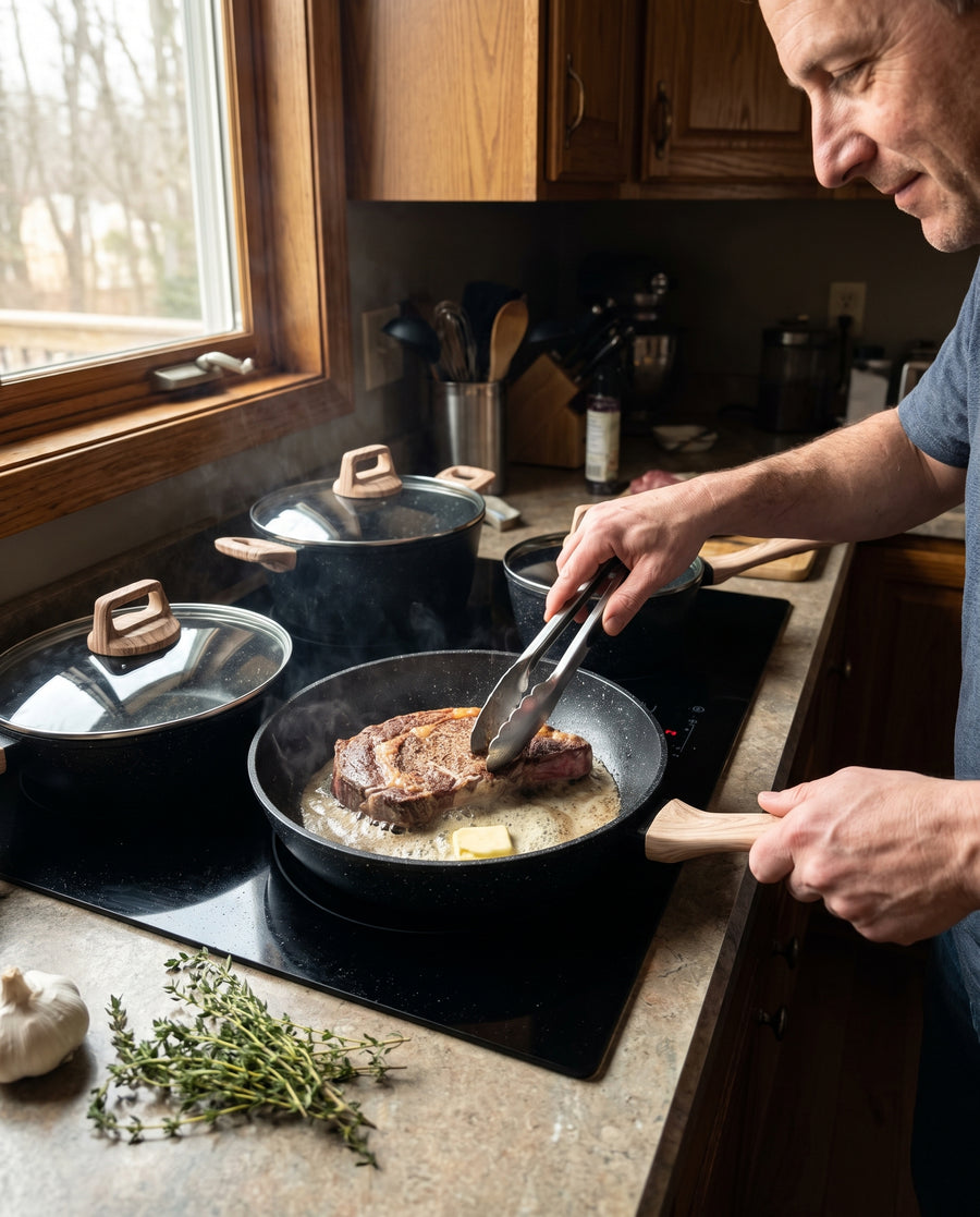 A steak searing in the black speckle frying pan on an induction hob