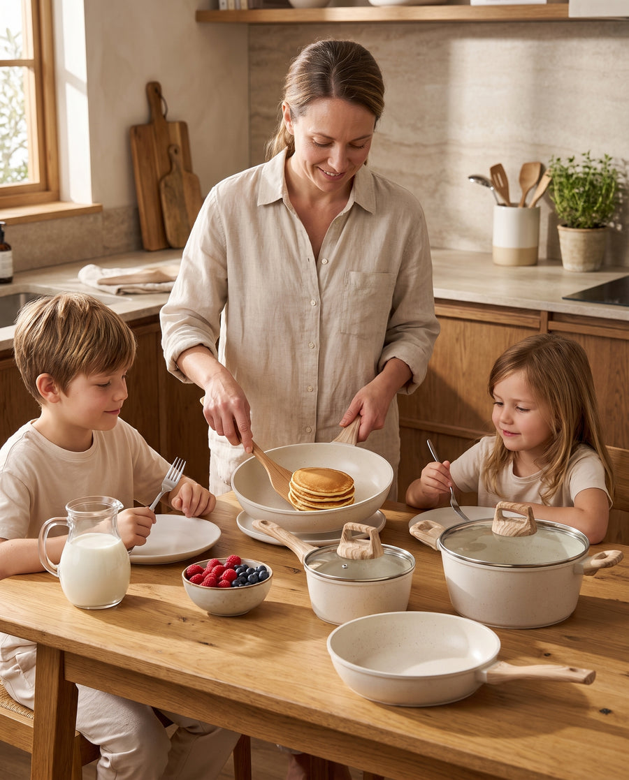 A family eating pancakes cooked in the cream speckle frying pan