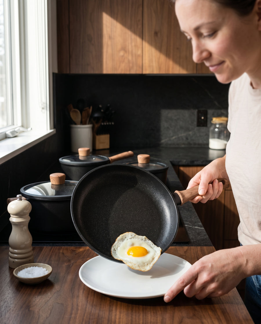 A whole fried egg sliding out of the black frying pan onto a plate