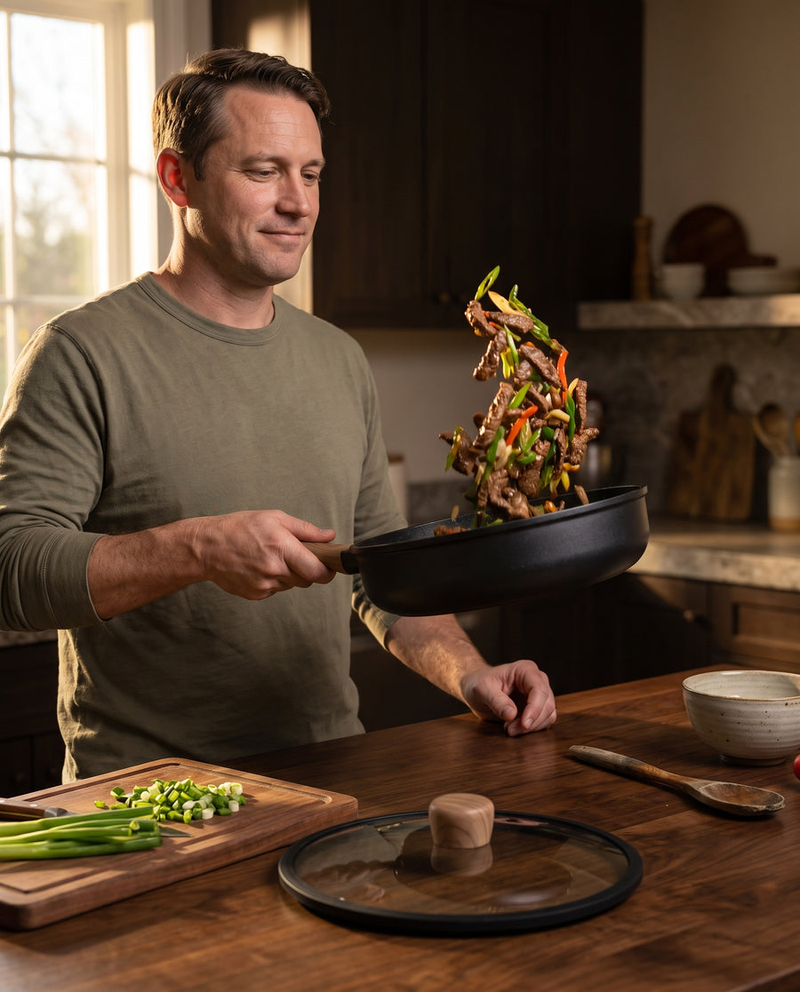 Tossing a stir-fry in the black deep frying pan over a gas flame