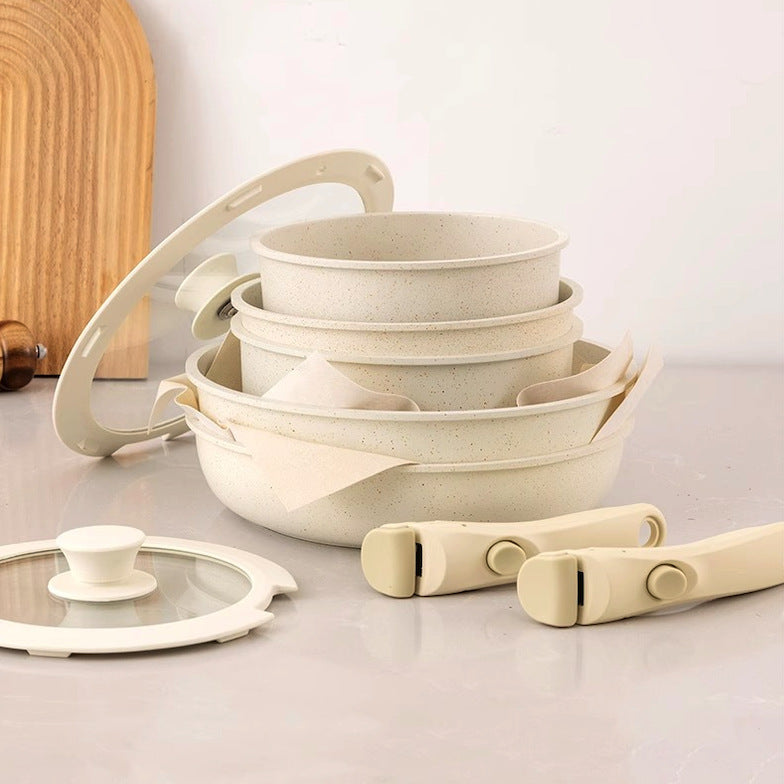 Detachable Handle Cookware Set — Cream Stone-Look Nonstick