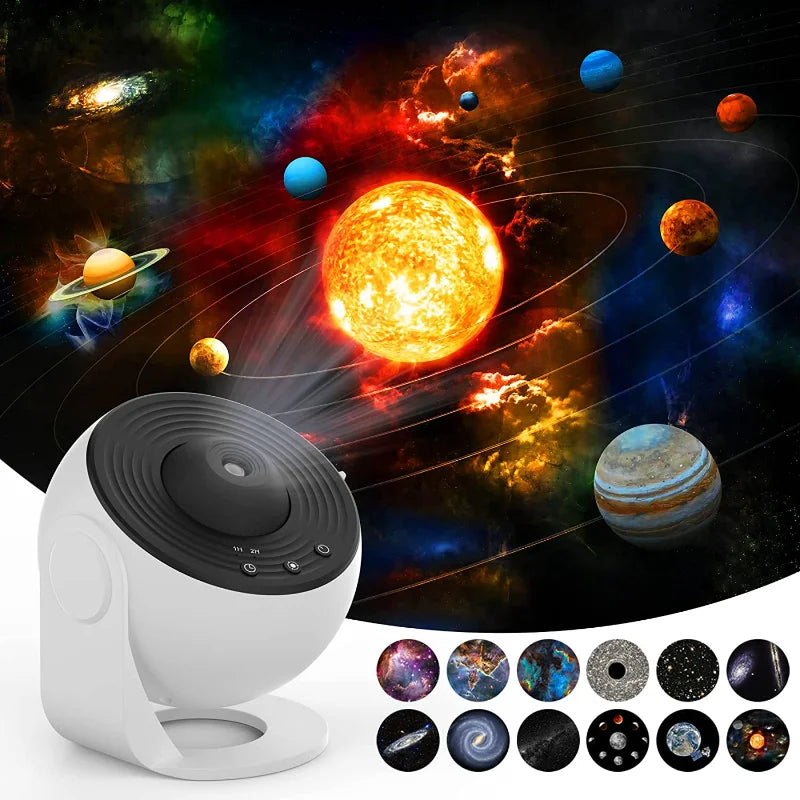 HD Focus Galaxy Projector in white, projecting a solar system across a wall, with the twelve film discs shown alongside