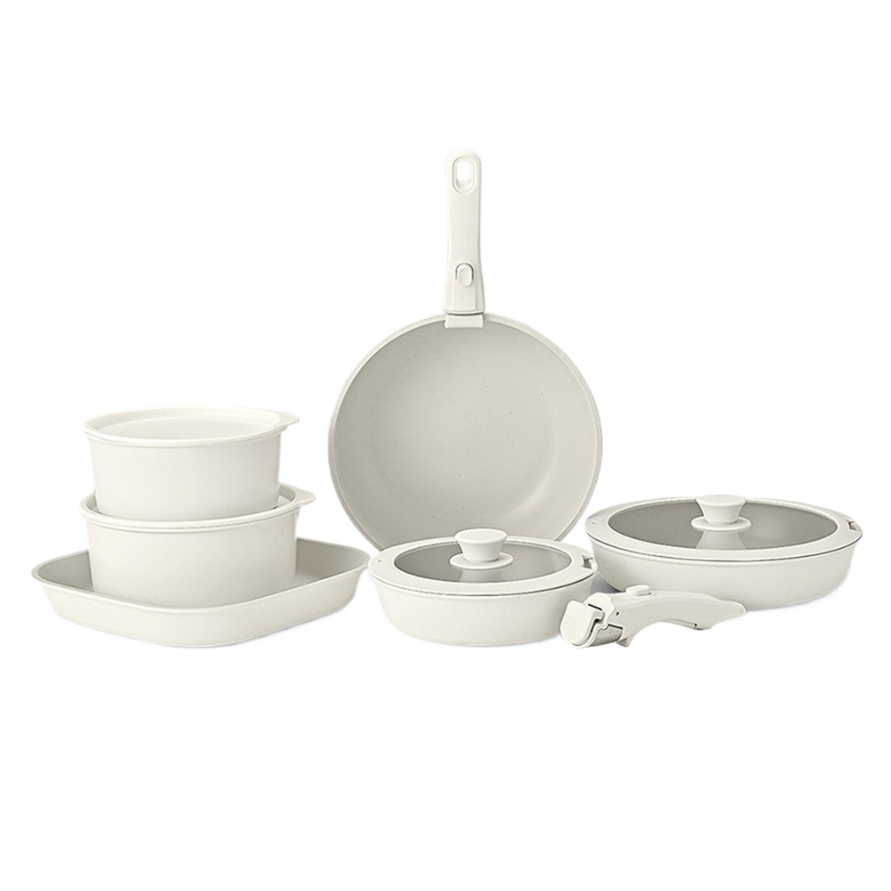 Detachable Handle Cookware Set — Cream Stone-Look Nonstick