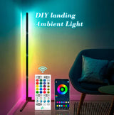 RGB corner floor lamp lit in a living room with app and remote control