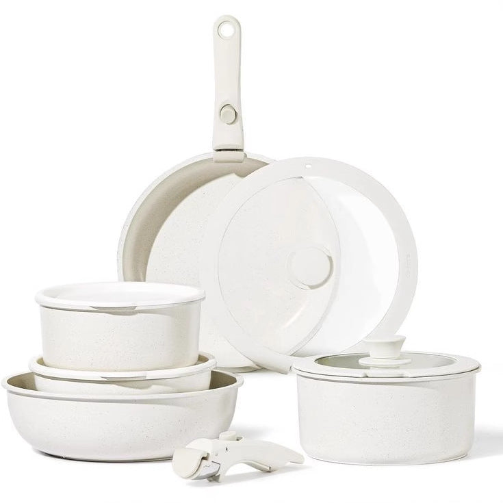 Detachable Handle Cookware Set — Cream Stone-Look Nonstick
