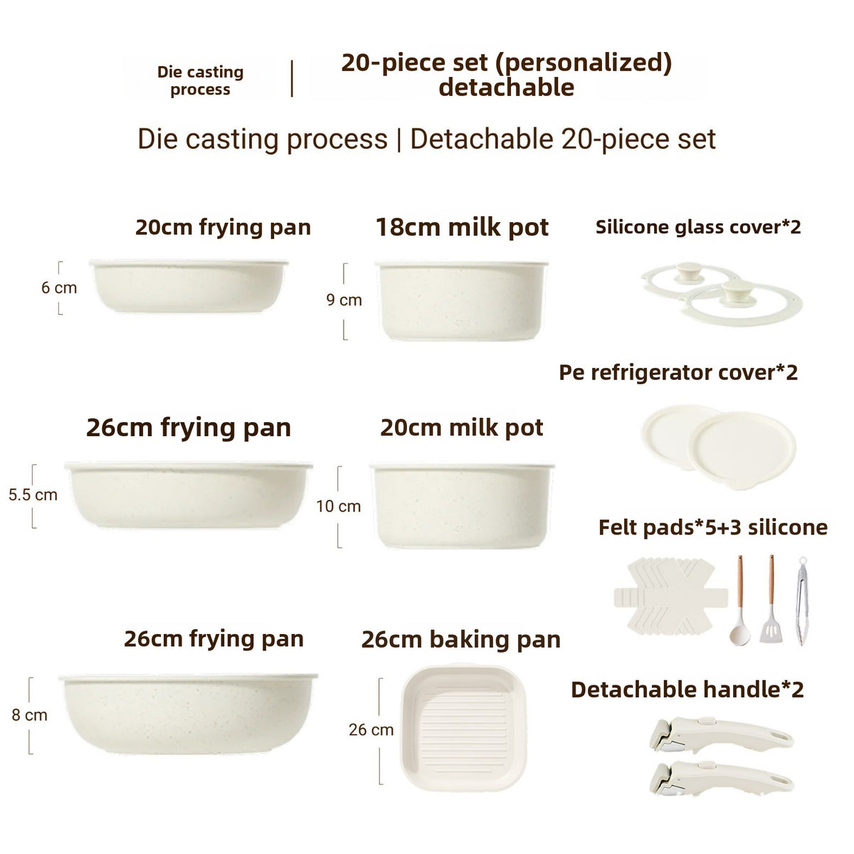 Detachable Handle Cookware Set — Cream Stone-Look Nonstick
