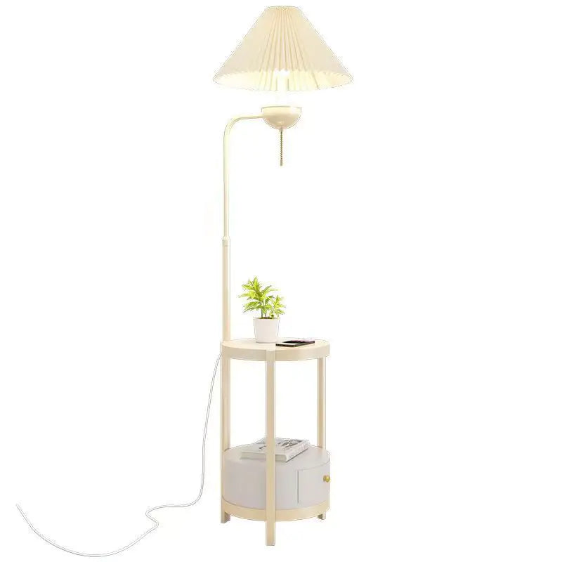 Floor lamp with built-in side table, white background
