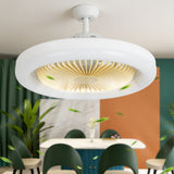 White LED ceiling fan light with visible blades above a dining table