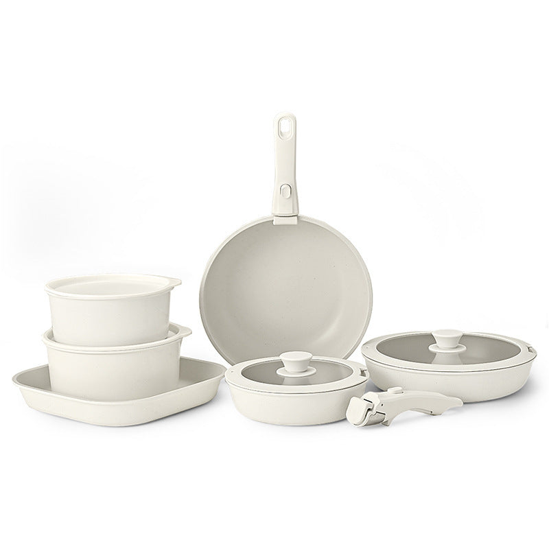 Detachable Handle Cookware Set — Cream Stone-Look Nonstick