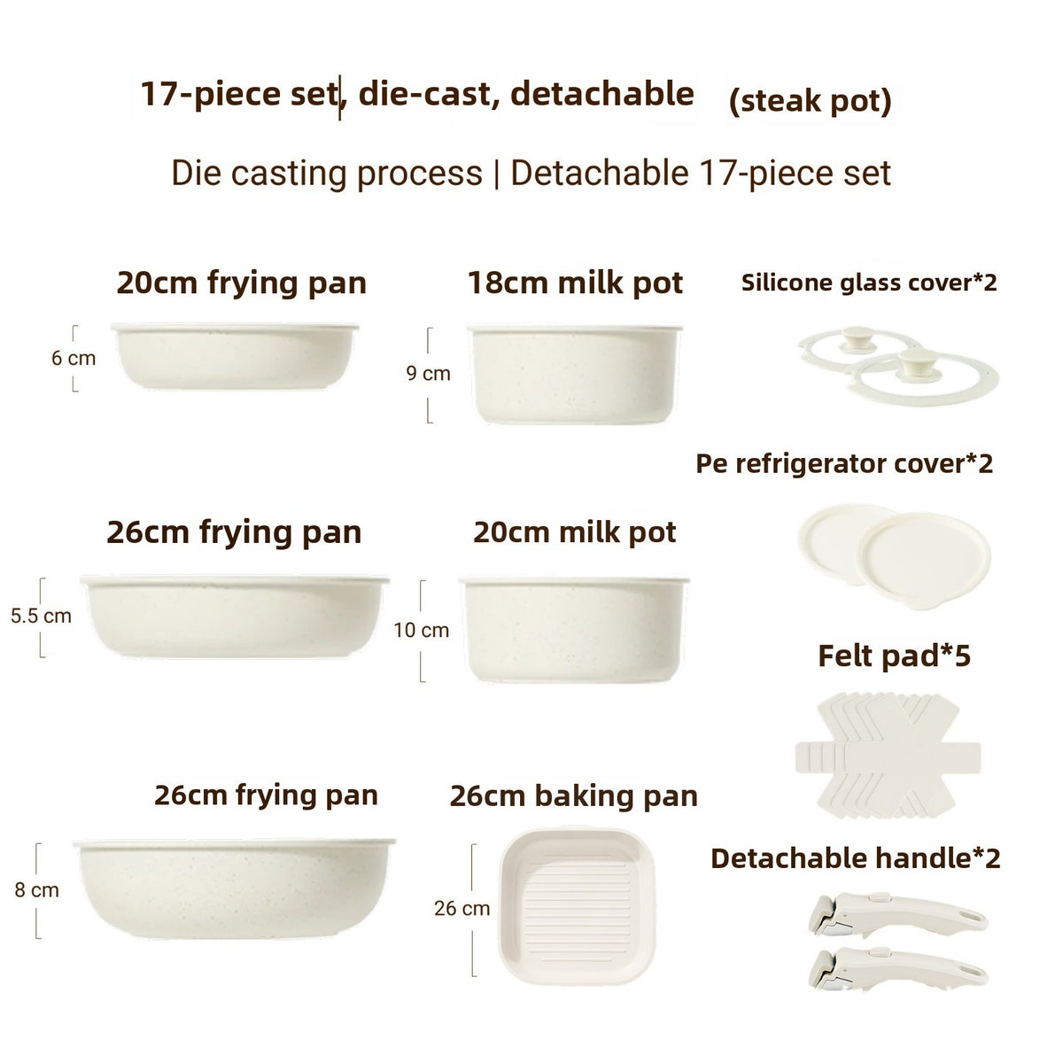 Detachable Handle Cookware Set — Cream Stone-Look Nonstick