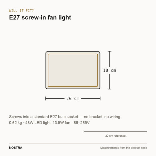 Fan light dimensions: 26cm diameter, 18cm high, 0.62kg