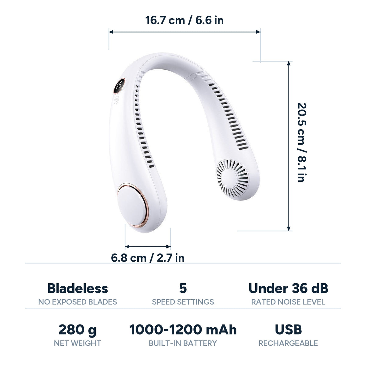 Dimensions and specifications: 16.7 x 6.8 x 20.5 cm, bladeless, 5 speeds, under 36 dB, 280 g, 1000-1200 mAh, USB rechargeable