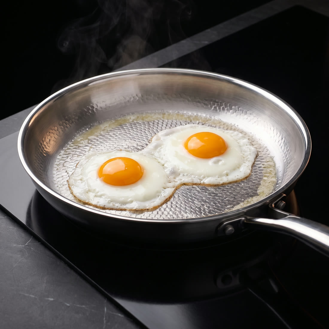 Two eggs frying in the titanium pan on an induction hob