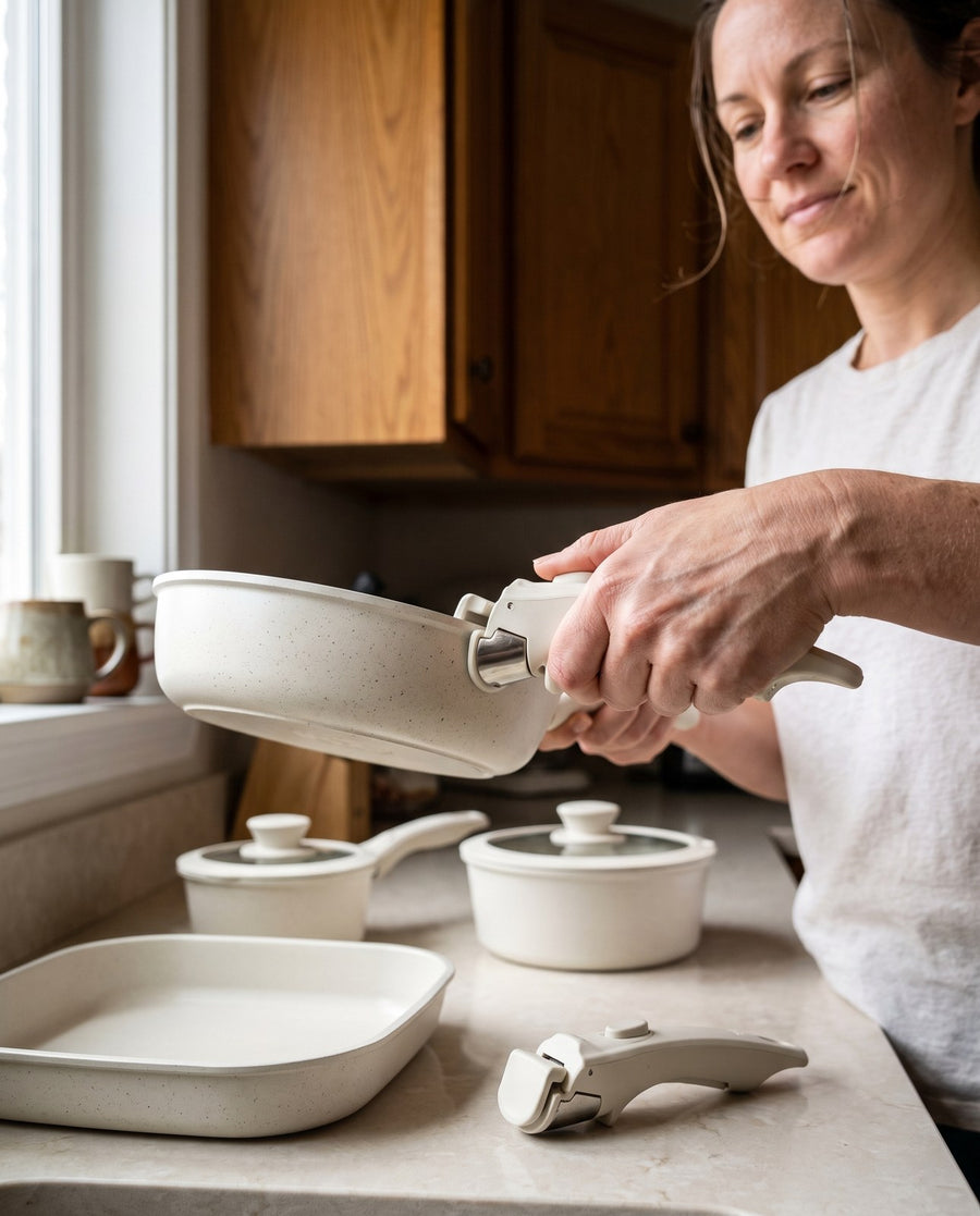 Clipping the detachable handle onto a cream speckled pan