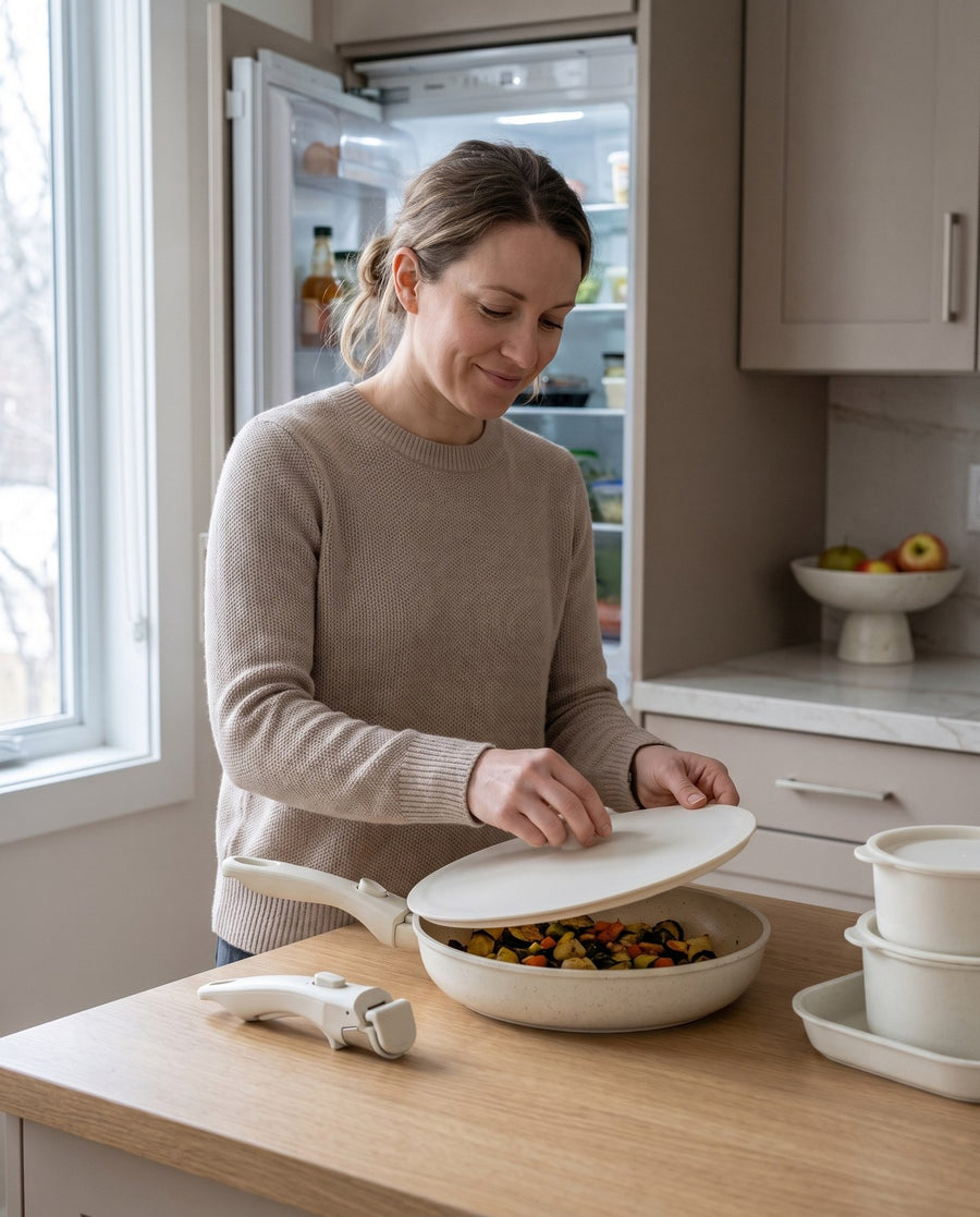 Fitting the fridge cover to a pan of leftovers