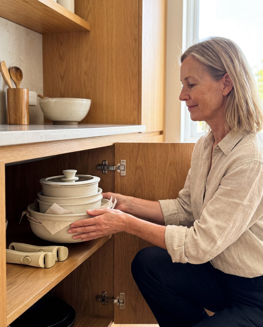 The pans nested into one cupboard with the handles alongside