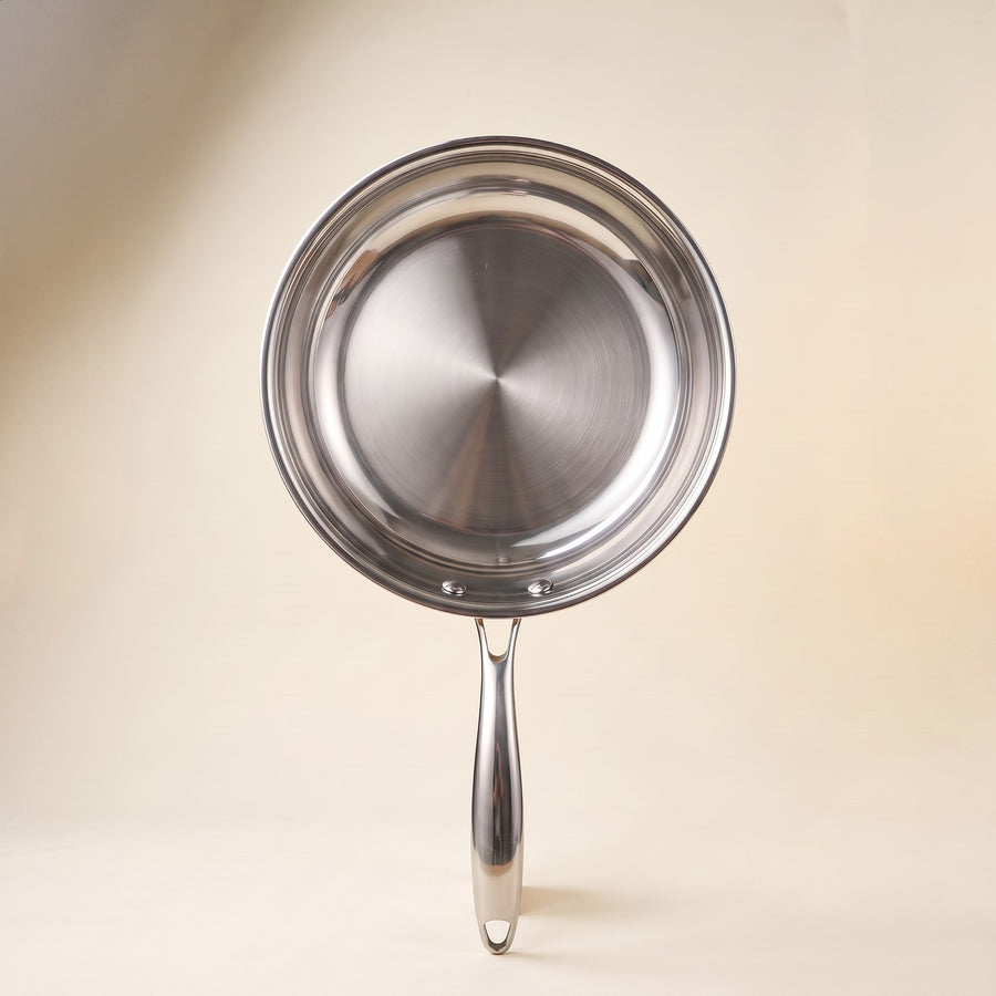 Stainless steel steak frying pan from directly above
