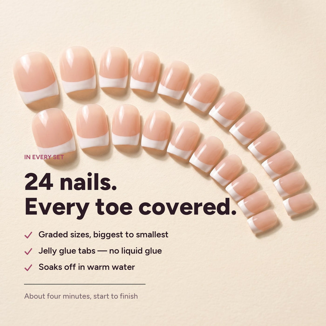 The 24 French nails laid out in graded sizes, with the set contents listed