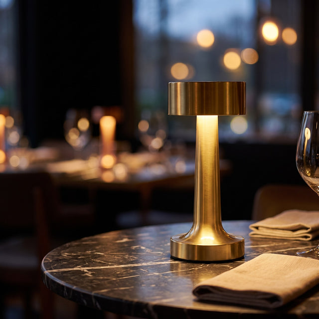 Wireless cordless rechargeable LED table lamp in brushed gold glowing on a dark marble dining table