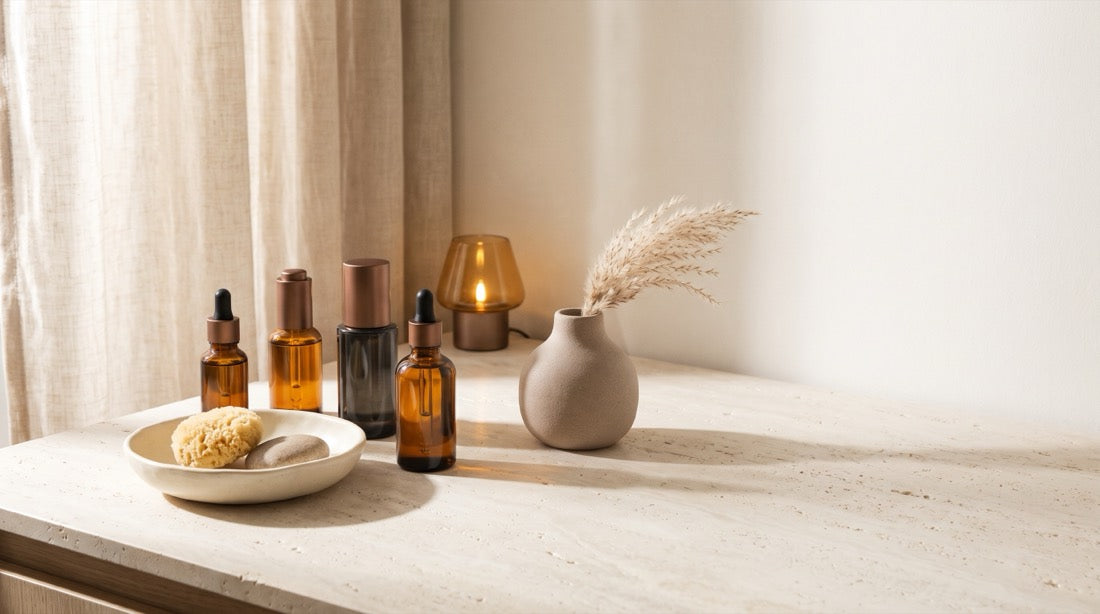 Amber glass skincare bottles in soft morning light